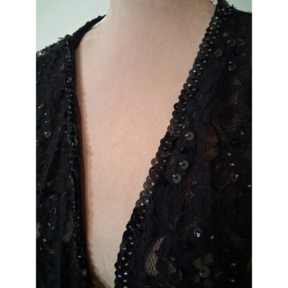 Vintage Black Floral Lace Sequin Open Front Shrug Cardigan Jacket Womens 18
